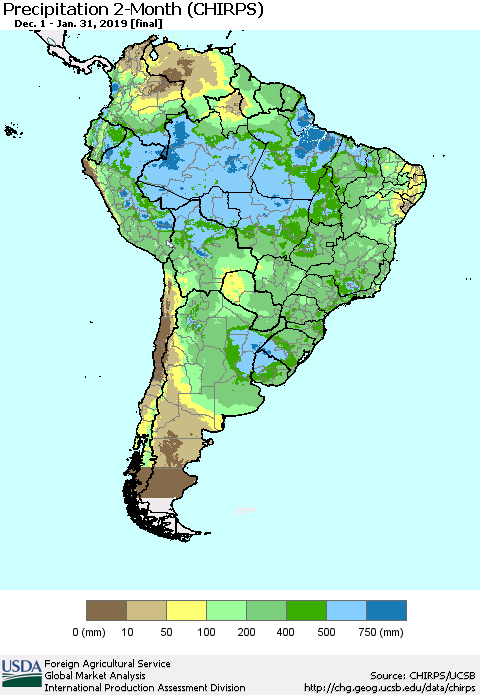 South America Precipitation 2-Month (CHIRPS) Thematic Map For 12/1/2018 - 1/31/2019