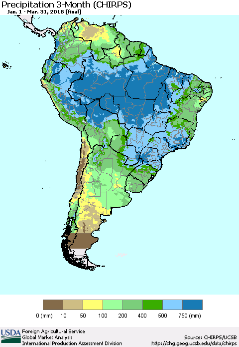 South America Precipitation 3-Month (CHIRPS) Thematic Map For 1/1/2018 - 3/31/2018