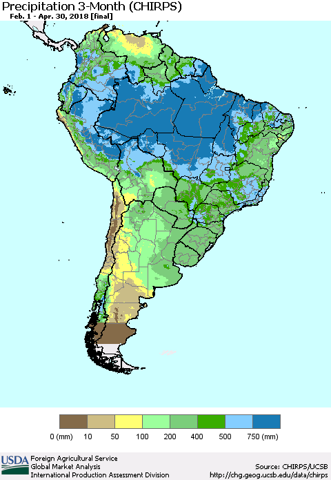 South America Precipitation 3-Month (CHIRPS) Thematic Map For 2/1/2018 - 4/30/2018