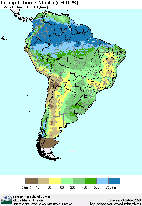 South America Precipitation 3-Month (CHIRPS) Thematic Map For 4/1/2018 - 6/30/2018