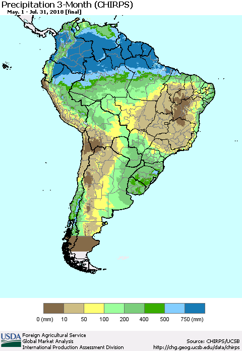 South America Precipitation 3-Month (CHIRPS) Thematic Map For 5/1/2018 - 7/31/2018