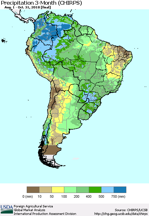 South America Precipitation 3-Month (CHIRPS) Thematic Map For 8/1/2018 - 10/31/2018