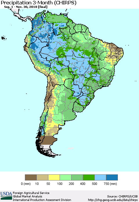 South America Precipitation 3-Month (CHIRPS) Thematic Map For 9/1/2018 - 11/30/2018