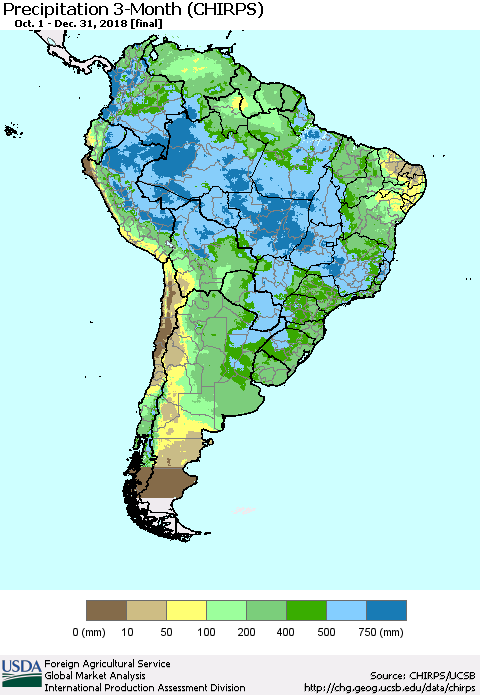 South America Precipitation 3-Month (CHIRPS) Thematic Map For 10/1/2018 - 12/31/2018