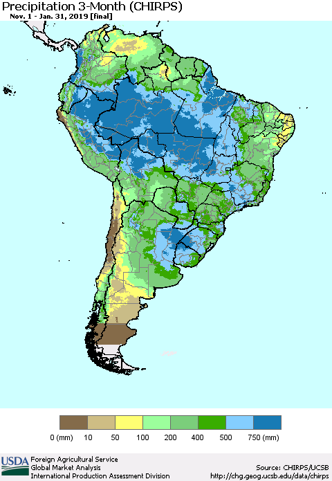 South America Precipitation 3-Month (CHIRPS) Thematic Map For 11/1/2018 - 1/31/2019