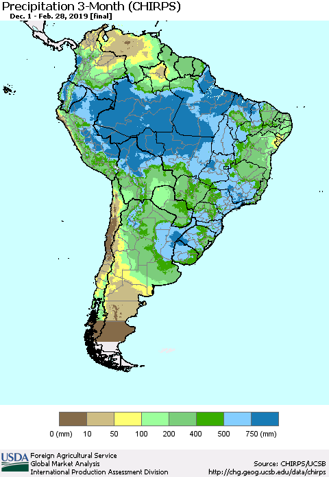 South America Precipitation 3-Month (CHIRPS) Thematic Map For 12/1/2018 - 2/28/2019