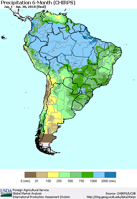 South America Precipitation 6-Month (CHIRPS) Thematic Map For 1/1/2018 - 6/30/2018