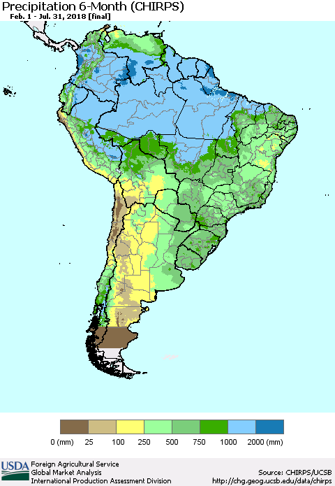 South America Precipitation 6-Month (CHIRPS) Thematic Map For 2/1/2018 - 7/31/2018