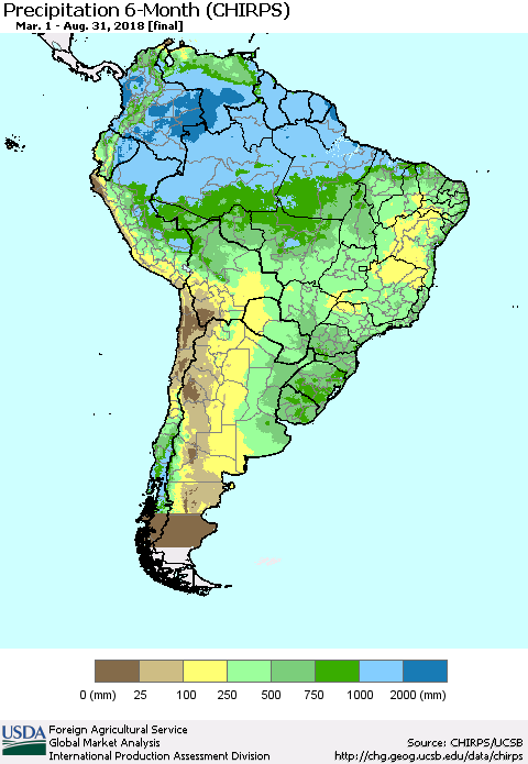 South America Precipitation 6-Month (CHIRPS) Thematic Map For 3/1/2018 - 8/31/2018