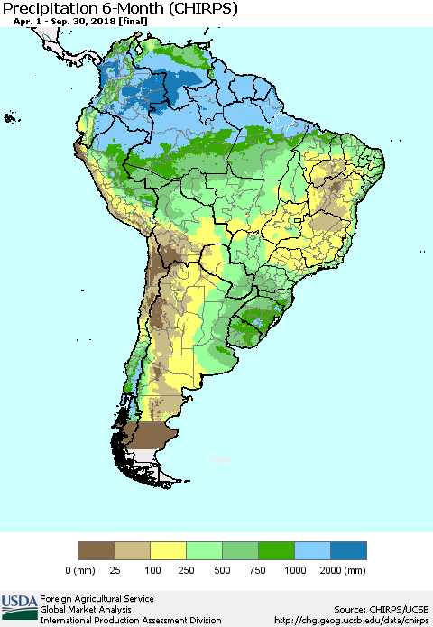 South America Precipitation 6-Month (CHIRPS) Thematic Map For 4/1/2018 - 9/30/2018