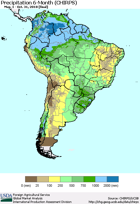 South America Precipitation 6-Month (CHIRPS) Thematic Map For 5/1/2018 - 10/31/2018