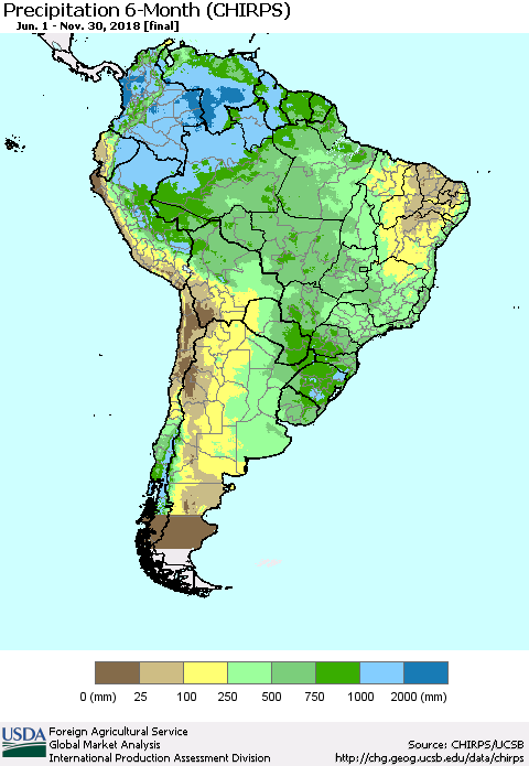 South America Precipitation 6-Month (CHIRPS) Thematic Map For 6/1/2018 - 11/30/2018