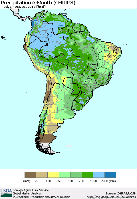 South America Precipitation 6-Month (CHIRPS) Thematic Map For 7/1/2018 - 12/31/2018
