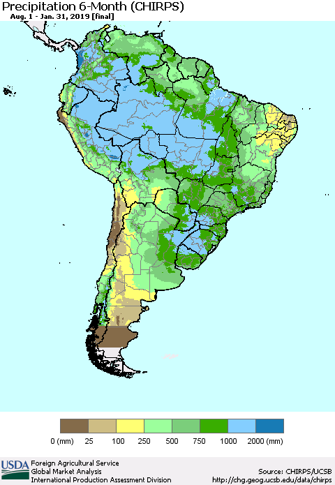 South America Precipitation 6-Month (CHIRPS) Thematic Map For 8/1/2018 - 1/31/2019