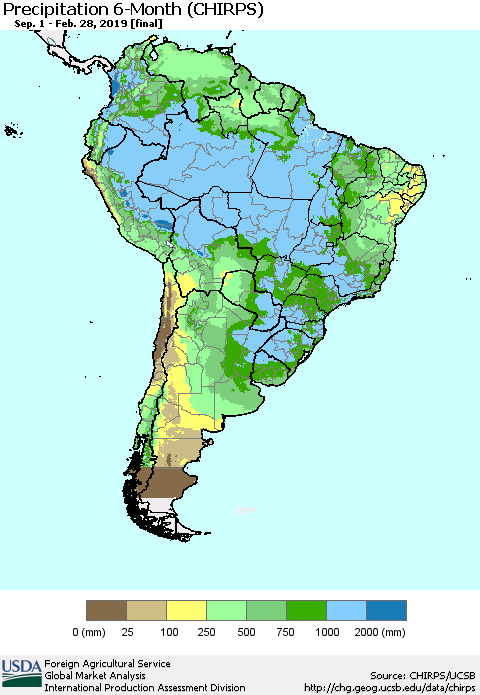 South America Precipitation 6-Month (CHIRPS) Thematic Map For 9/1/2018 - 2/28/2019