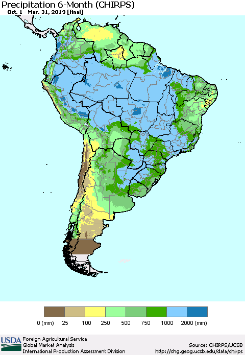 South America Precipitation 6-Month (CHIRPS) Thematic Map For 10/1/2018 - 3/31/2019