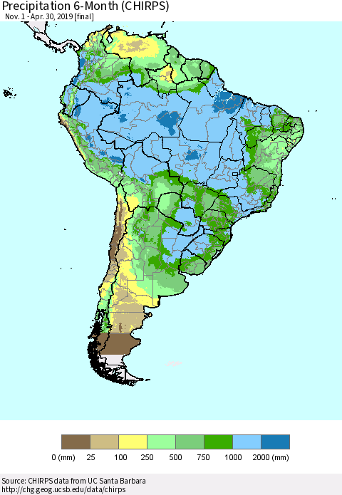 South America Precipitation 6-Month (CHIRPS) Thematic Map For 11/1/2018 - 4/30/2019