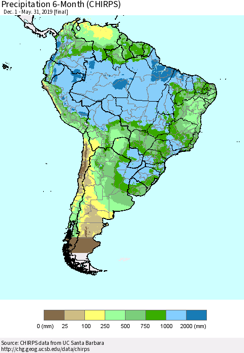 South America Precipitation 6-Month (CHIRPS) Thematic Map For 12/1/2018 - 5/31/2019