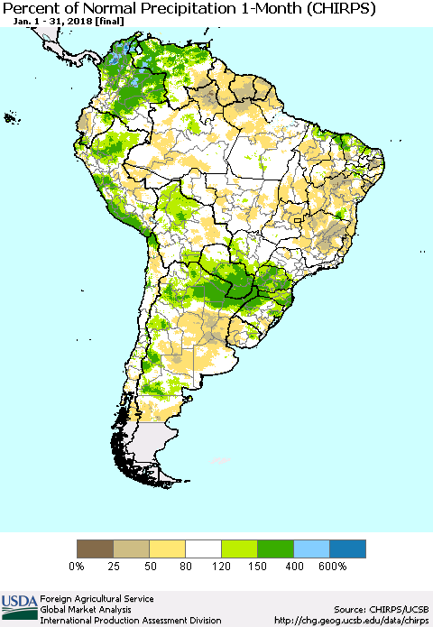 South America Percent of Normal Precipitation 1-Month (CHIRPS) Thematic Map For 1/1/2018 - 1/31/2018