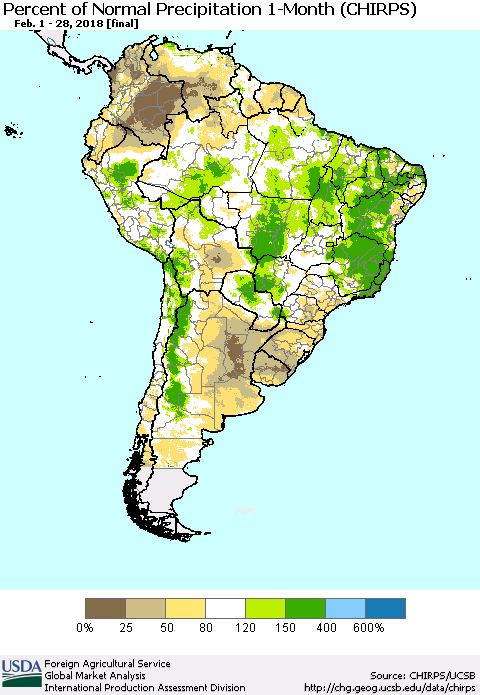 South America Percent of Normal Precipitation 1-Month (CHIRPS) Thematic Map For 2/1/2018 - 2/28/2018