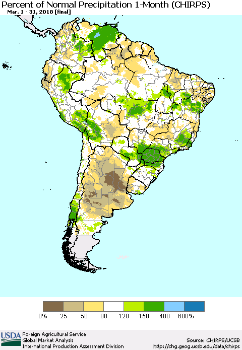 South America Percent of Normal Precipitation 1-Month (CHIRPS) Thematic Map For 3/1/2018 - 3/31/2018