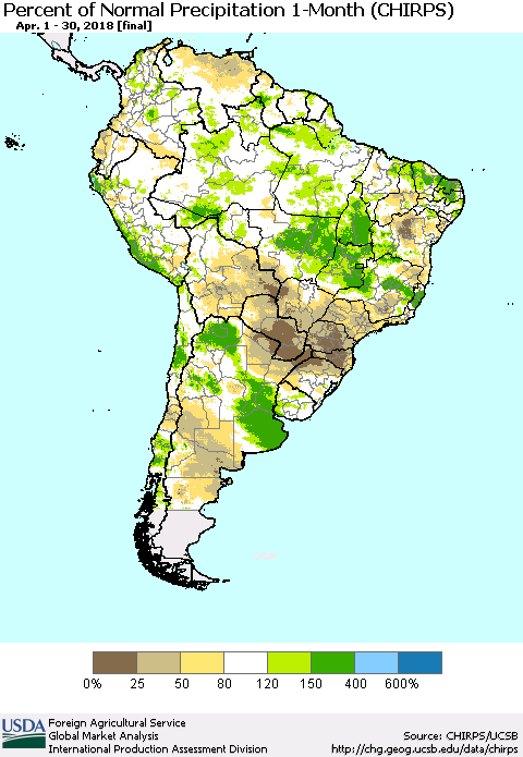 South America Percent of Normal Precipitation 1-Month (CHIRPS) Thematic Map For 4/1/2018 - 4/30/2018