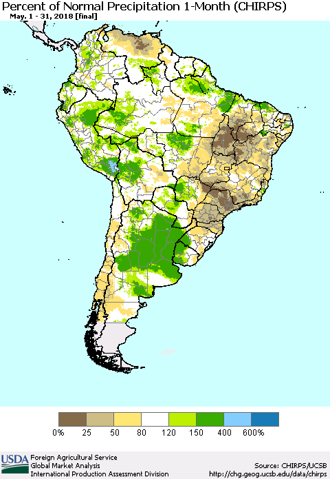South America Percent of Normal Precipitation 1-Month (CHIRPS) Thematic Map For 5/1/2018 - 5/31/2018