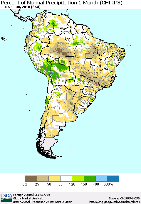 South America Percent of Normal Precipitation 1-Month (CHIRPS) Thematic Map For 6/1/2018 - 6/30/2018