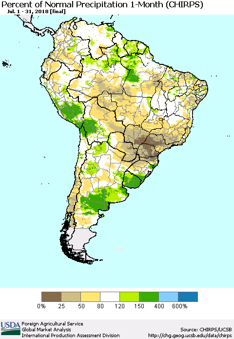 South America Percent of Normal Precipitation 1-Month (CHIRPS) Thematic Map For 7/1/2018 - 7/31/2018