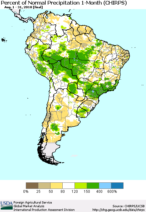 South America Percent of Normal Precipitation 1-Month (CHIRPS) Thematic Map For 8/1/2018 - 8/31/2018