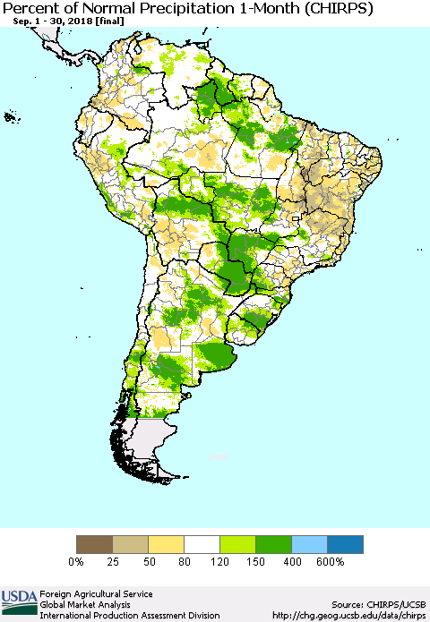 South America Percent of Normal Precipitation 1-Month (CHIRPS) Thematic Map For 9/1/2018 - 9/30/2018