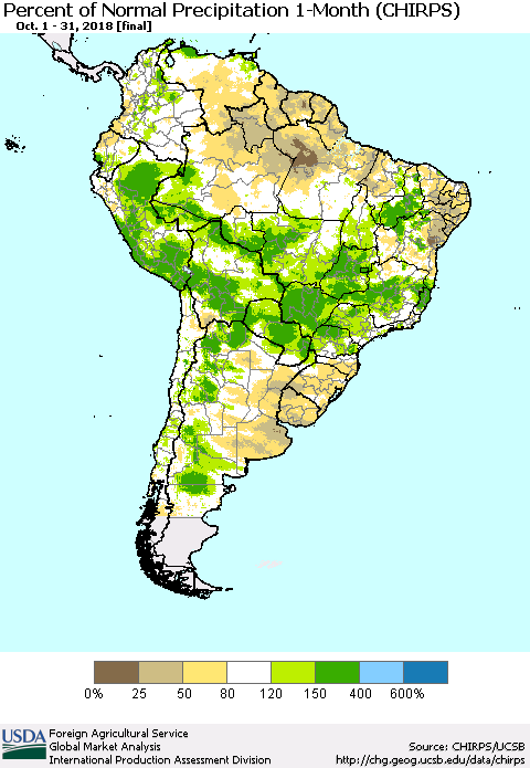 South America Percent of Normal Precipitation 1-Month (CHIRPS) Thematic Map For 10/1/2018 - 10/31/2018