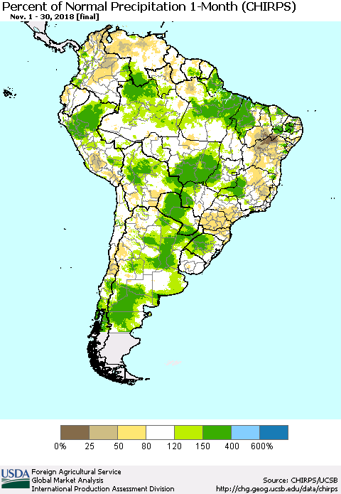 South America Percent of Normal Precipitation 1-Month (CHIRPS) Thematic Map For 11/1/2018 - 11/30/2018