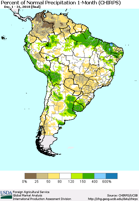 South America Percent of Normal Precipitation 1-Month (CHIRPS) Thematic Map For 12/1/2018 - 12/31/2018