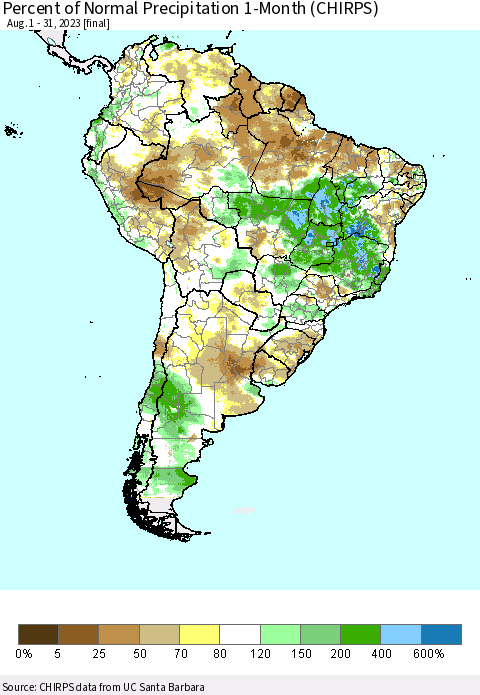 South America Percent of Normal Precipitation 1-Month (CHIRPS) Thematic Map For 8/1/2023 - 8/31/2023