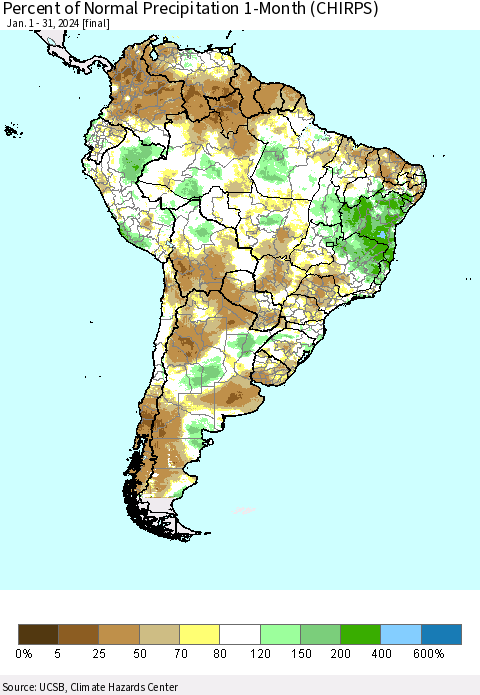 South America Percent of Normal Precipitation 1-Month (CHIRPS) Thematic Map For 1/1/2024 - 1/31/2024