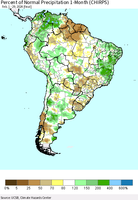 South America Percent of Normal Precipitation 1-Month (CHIRPS) Thematic Map For 2/1/2024 - 2/29/2024