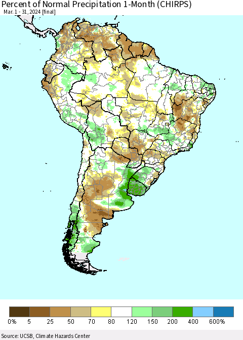 South America Percent of Normal Precipitation 1-Month (CHIRPS) Thematic Map For 3/1/2024 - 3/31/2024
