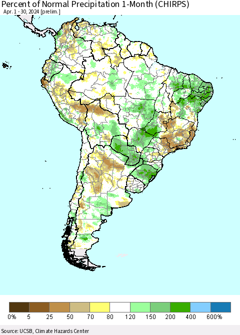 South America Percent of Normal Precipitation 1-Month (CHIRPS) Thematic Map For 4/1/2024 - 4/30/2024