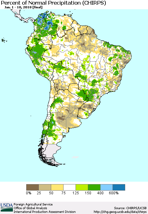 South America Percent of Normal Precipitation (CHIRPS) Thematic Map For 1/1/2018 - 1/10/2018
