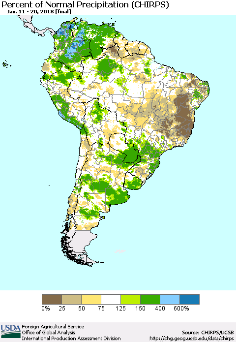 South America Percent of Normal Precipitation (CHIRPS) Thematic Map For 1/11/2018 - 1/20/2018