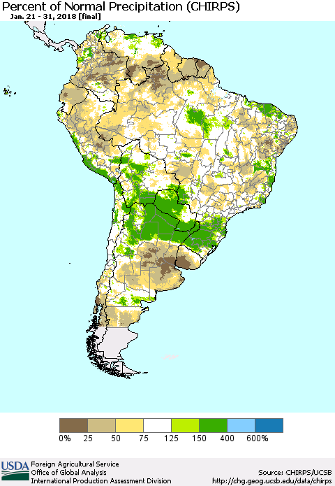 South America Percent of Normal Precipitation (CHIRPS) Thematic Map For 1/21/2018 - 1/31/2018