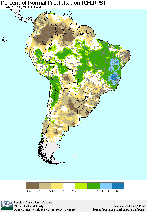 South America Percent of Normal Precipitation (CHIRPS) Thematic Map For 2/1/2018 - 2/10/2018
