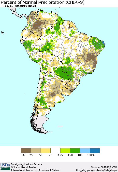 South America Percent of Normal Precipitation (CHIRPS) Thematic Map For 2/11/2018 - 2/20/2018