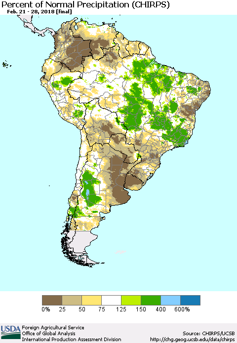 South America Percent of Normal Precipitation (CHIRPS) Thematic Map For 2/21/2018 - 2/28/2018