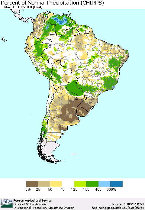 South America Percent of Normal Precipitation (CHIRPS) Thematic Map For 3/1/2018 - 3/10/2018