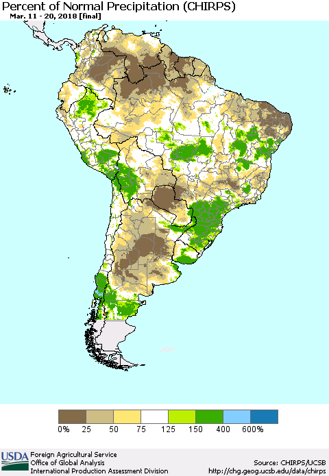 South America Percent of Normal Precipitation (CHIRPS) Thematic Map For 3/11/2018 - 3/20/2018