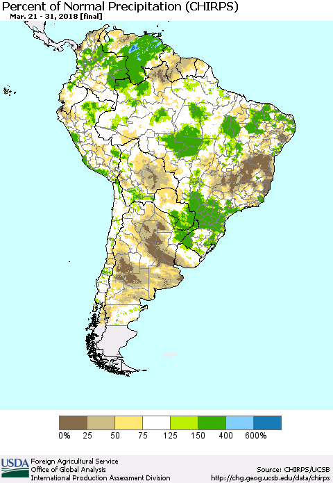 South America Percent of Normal Precipitation (CHIRPS) Thematic Map For 3/21/2018 - 3/31/2018