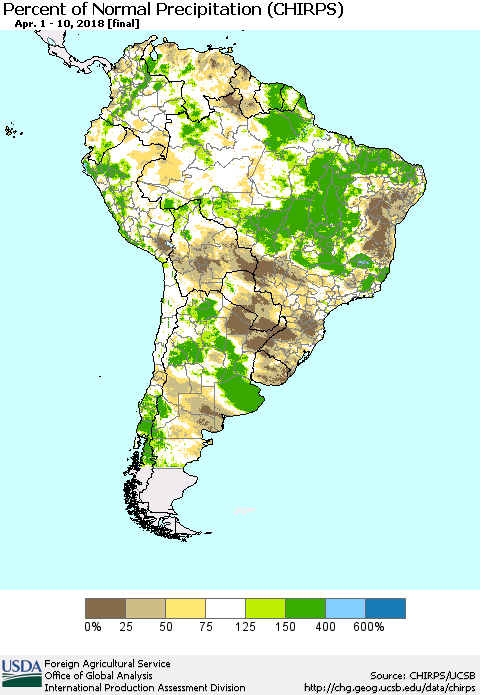 South America Percent of Normal Precipitation (CHIRPS) Thematic Map For 4/1/2018 - 4/10/2018