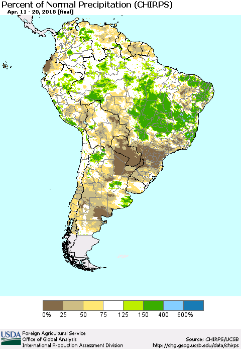 South America Percent of Normal Precipitation (CHIRPS) Thematic Map For 4/11/2018 - 4/20/2018